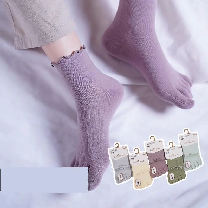 

Crew 5 Finger Socks Women Versatile Solid Color Strip Pile Five Toe Socks Japanese Style Medium Tube Female Socks