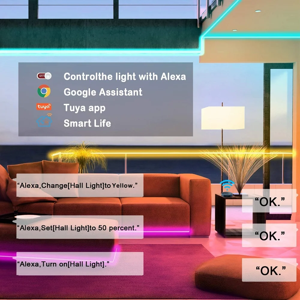 20M RGB LED Light Strip Music 12V WIFI Sticker Strips Alexa Google Assistant Tuya Waterproof LED Tape Colored Lights For Room