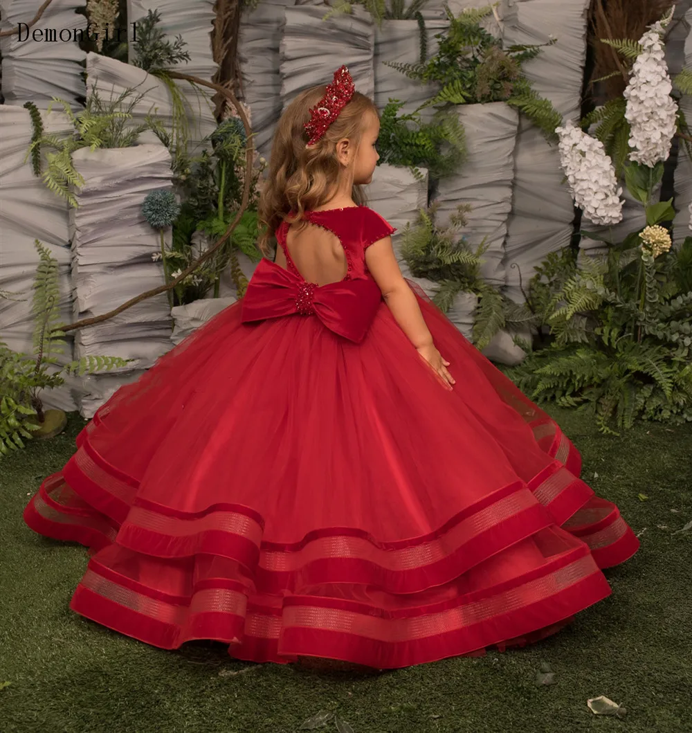 Red Puffy Flower Girl Dress Toddler Kids Birthday Clothes Little Girl Princess Wedding Party Gown for 0-12 Years Vestidos