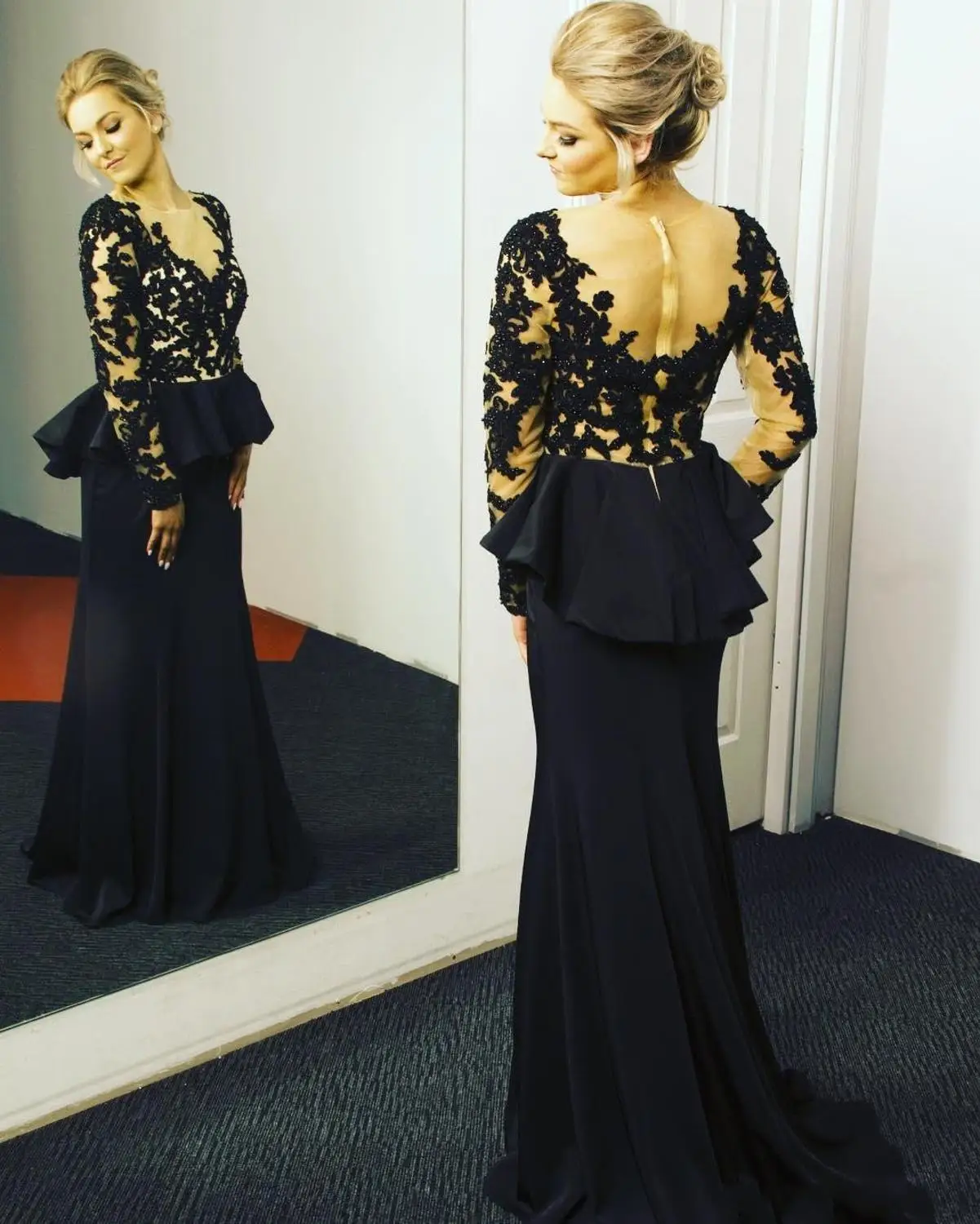 Vestido de fiesta de noche de manga larga transparente personalizado, vestidos de fiesta negros con apliques de encaje Peplum y cuello en V transparente