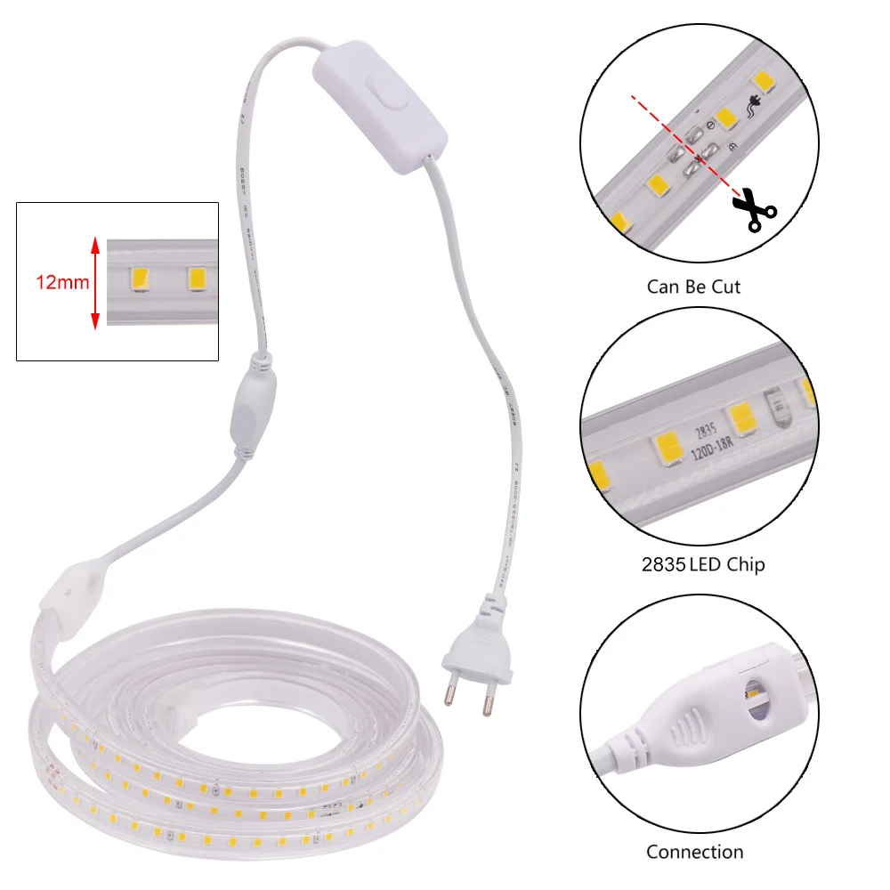 Fita conduzida flexível 120led/m impermeável da fita do diodo emissor de luz smd2835 da luz de tira ac220v com plugue do interruptor da ue/reino unido para a decoração de casa