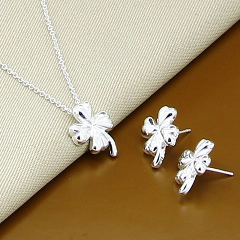 BABYLLNT 925 Sterling Silver Jewelry Sets Plant Four-leaf Clover Pendant Necklace Earrings Set For Women Fashion Jewelry Gifts