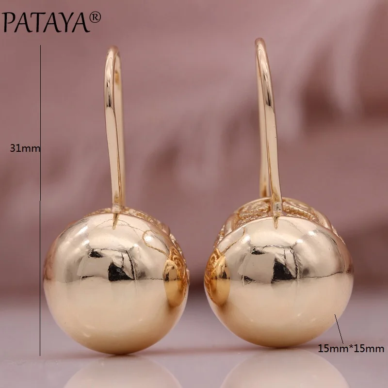 PATAYA New Hollow Spherical Long Earrings Women Glossy Dangle Earrings 585 Rose Gold Color Wedding Unique Fine Fashion Jewelry