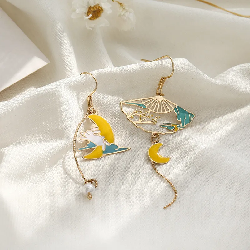 Chinese Style Folding Fan Crane Carp Lotus Asymmetrical Long Tassel Dangle National Style Earrings for Women Jewelry Gift