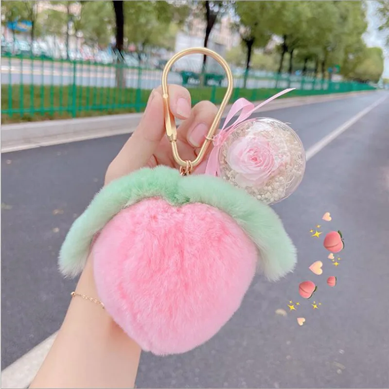 Plush Honey Peach Girl Heart Pink Fur Bag Pendant Eternal Flower Car Keychain  Pendant  Car Keys Ornaments