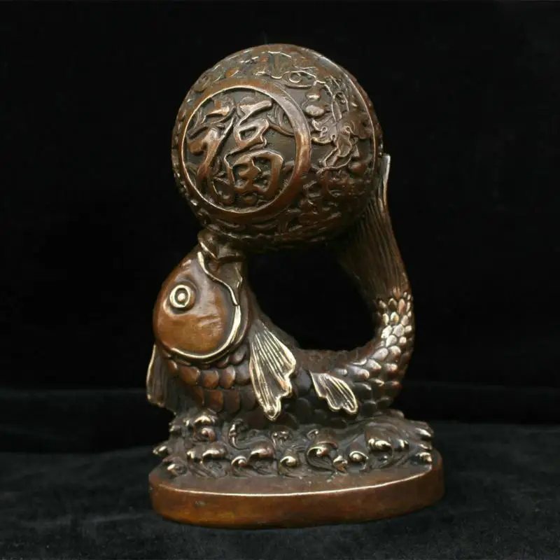

China Chinese Folk Fengshui Copper Wealth Fu Flower Fish Ball Statue Sculpture Collection Ornaments Statues for Decoration