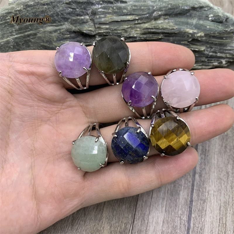 Round Faceted Gems Stone Rings Natural Crystal Amethysts Rose Quartzs Labradorite Fashion Women Rings Party Jewelry MY211102