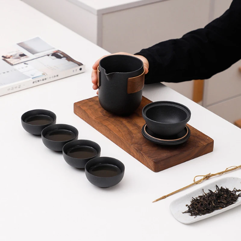 

New Jingdezhen Black Tao Fast Guest Cup Travel Tea Set Portable A Pot of Four Cups of Chinese Outdoor Car Kung Fu Tea Set