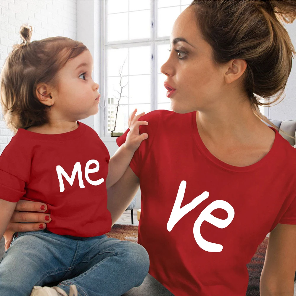 Family Matching Clothes Family Look Cotton T-shirt LO VE ME  Letter Fun Print Couple Tops Short sleeve T-shirt  Boy Girl Clothes