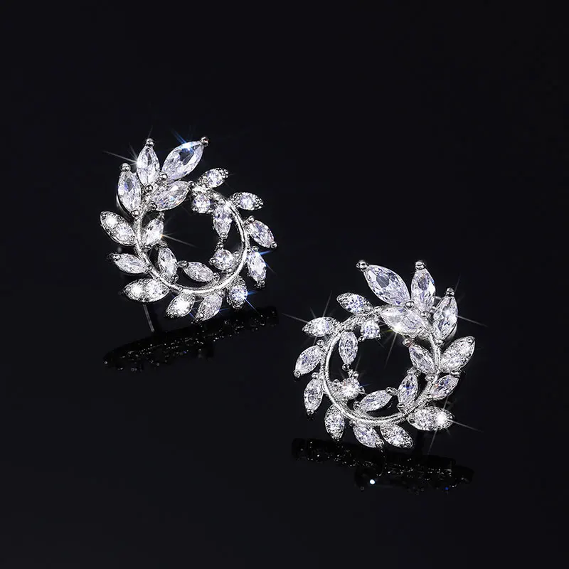 Huitan Fashion Olive Branch Leaf Earrings for Women Full Paved Shiny White CZ Luxury Female Earrings Wedding Engagement Jewelry