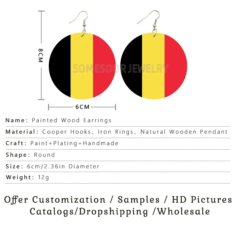 SOMESOOR Love Belgium National Flag Printed Wooden Drop Earrings Black Yellow Red Colors  European Union Country For Women Gifts