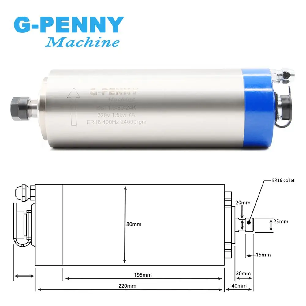 G-Penny 220v/380v 1.5kw Water Cooled Spindle ER16 400Hz Water Cooling Spindle Motor 80x220mm 4 bearings CNC Engraving Drilling