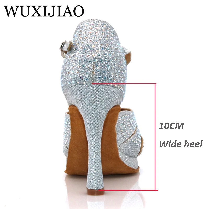 Wuxijiao Baru Wanita Perak Berkedip Kain Sepatu Dansa Rhinestones Salsa Sepatu Ballroom Menari Sepatu dengan 10 Cm