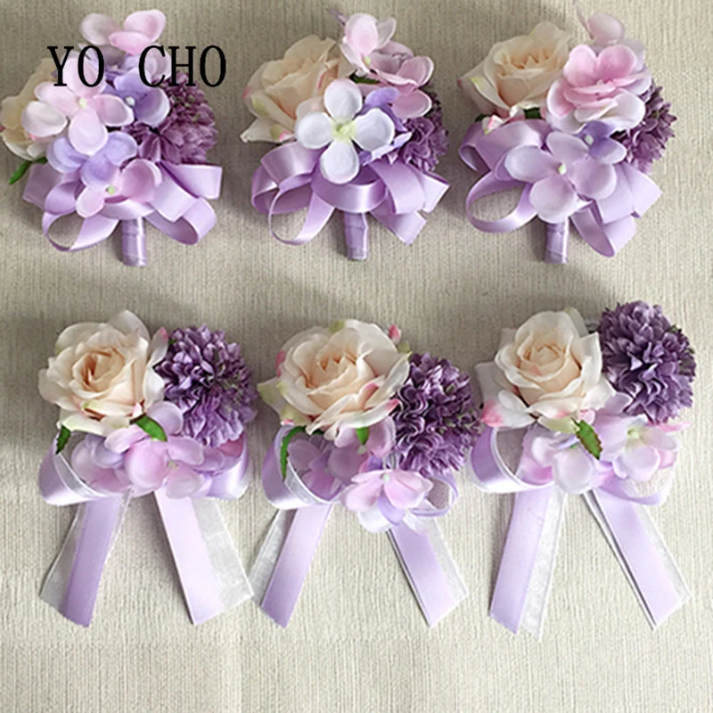 YO CHO 신부 들러리 꽃다발 새틴 웨딩 플라워 인공 웨딩 손목 팔찌 남자 Boutonniere 웨딩 파티 장식, 신부 들러리 꽃다발