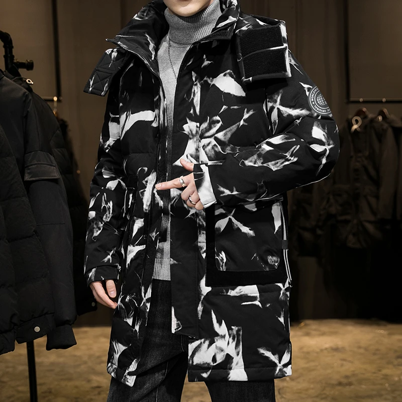 2021 men's new down jacket tide long loose thickening warm hooded explosive teenage men's high quality camouflag warm brand coat