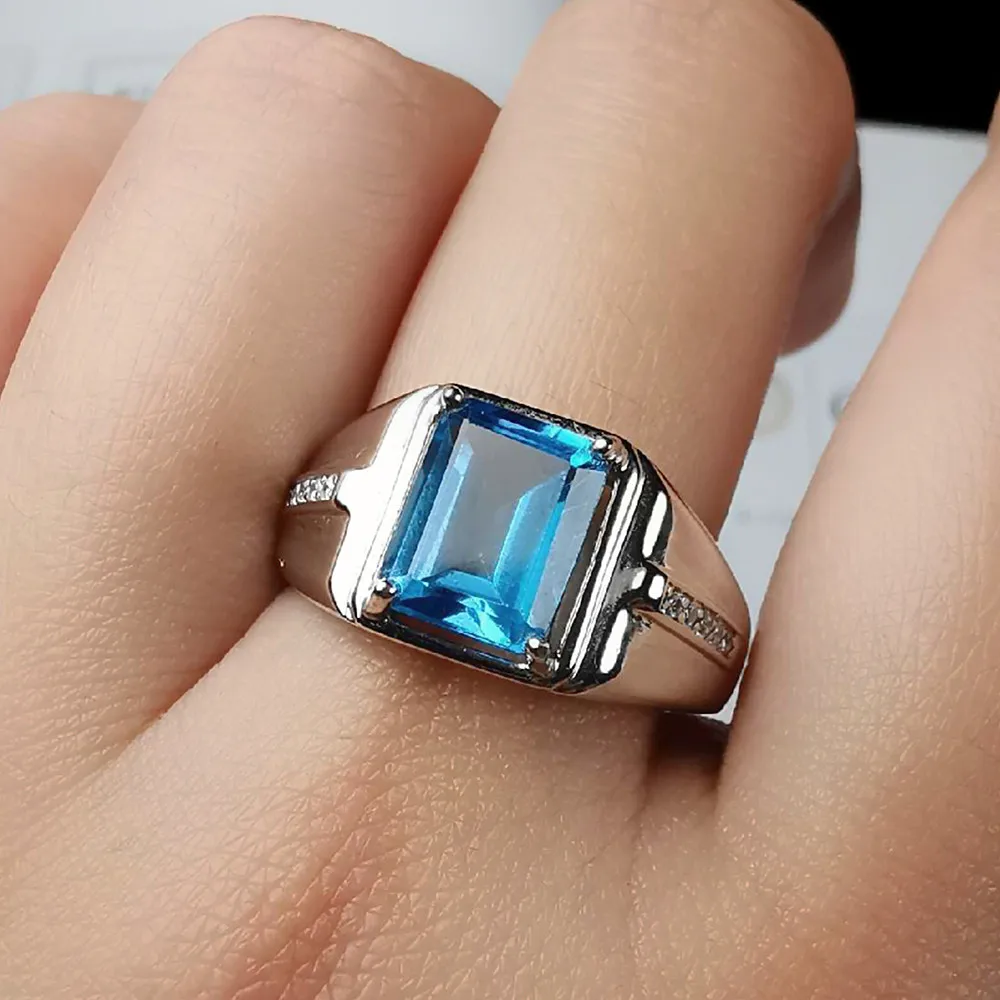 Fashion Square Blue Crystal Topaz Gemstones Diamonds Men\'s Finger Rings White Gold Silver Color Jewelry Cool Accessories Gifts