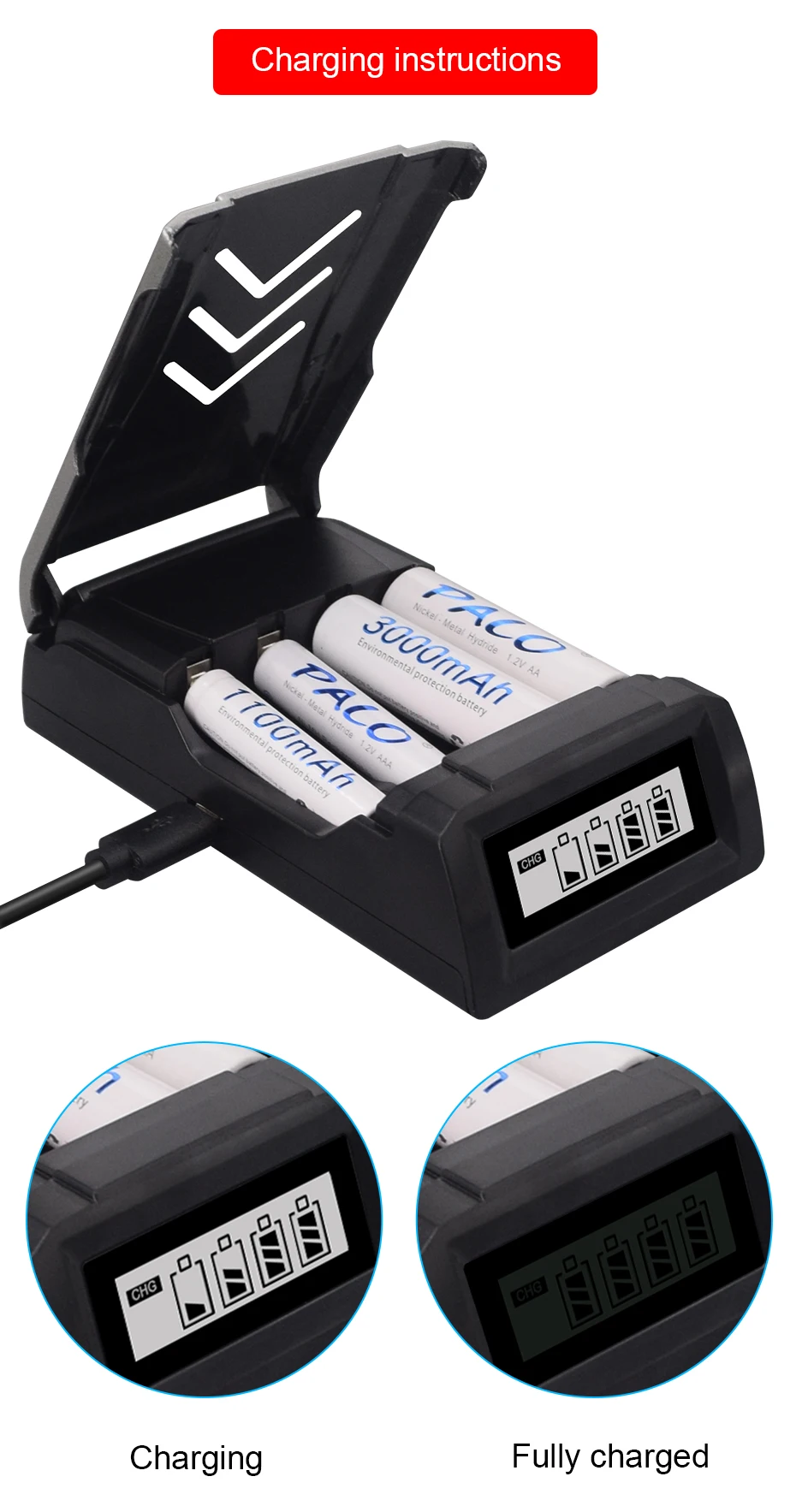 PALO 4-Slots USB-Ladegerät-Set für 1,2 V AA AAA NI-MH-Akku, AA3000 mAh AAA1100 mAh – Detail 7