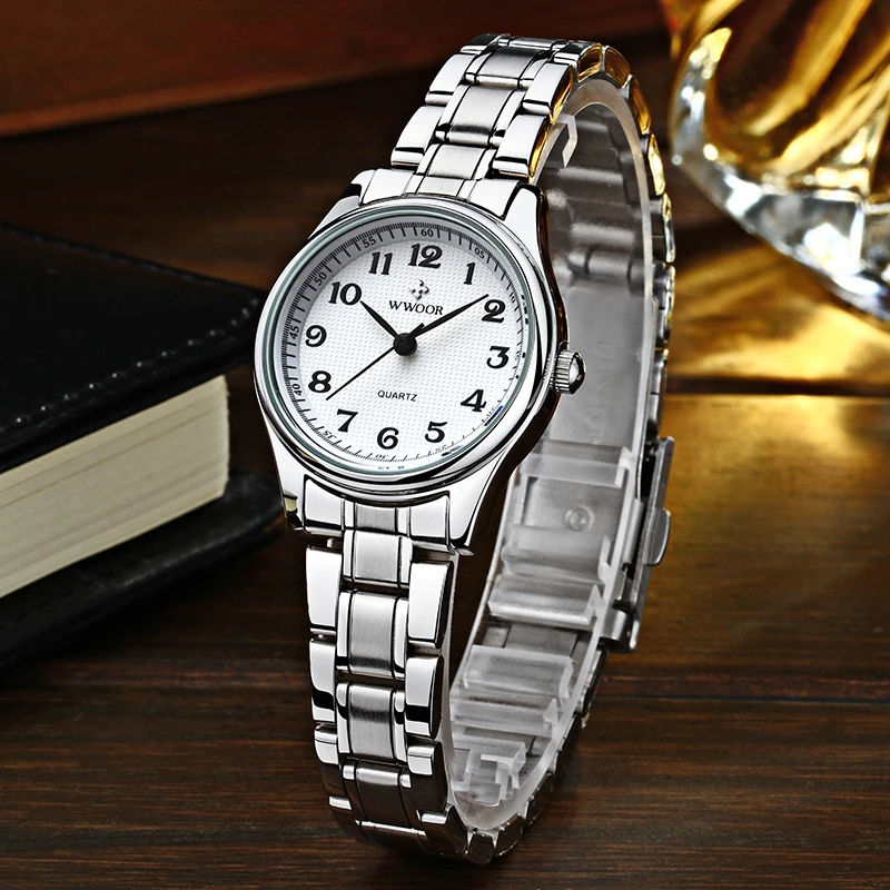 WWOOR-reloj de cuarzo informal para mujer, con números arábigos cronógrafo de pulsera, pequeño, de acero inoxidable