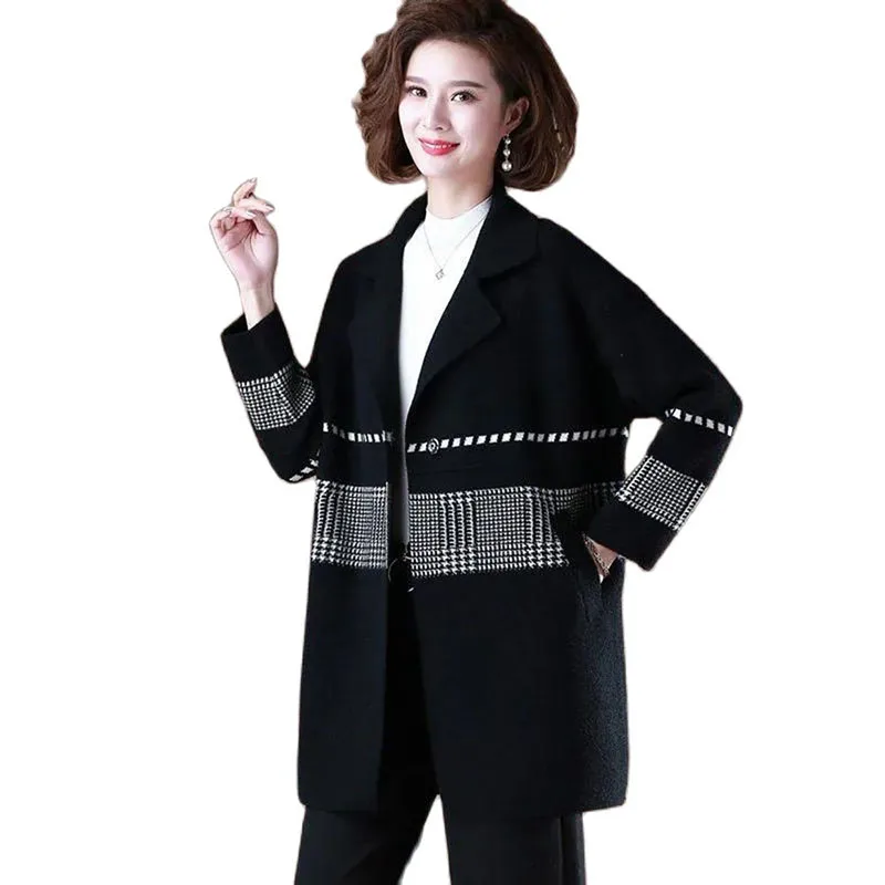 

Autumn Winter Mid-Long Knitted Sweater Jacket Women 2023New Loose Suit Collar Outerwear Fashion Stripe Single Buckle Coat Female