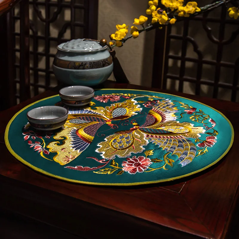 Custom Fine Embroidery Butterfly Round Placemat Table Decor Vase Mat Non-slip Luxury Silk Satin Tray Bowl Plate Insulate Pads