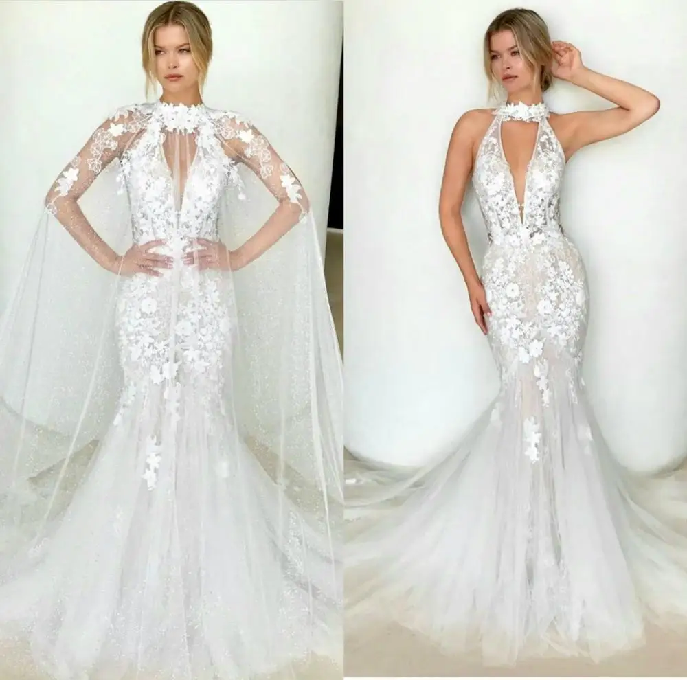 

Elegant Mermaid Wedding Dresses With Wraps Illusion High Collar Sleeveless Wedding Dress Flower Lace Appliques Bridal Gowns