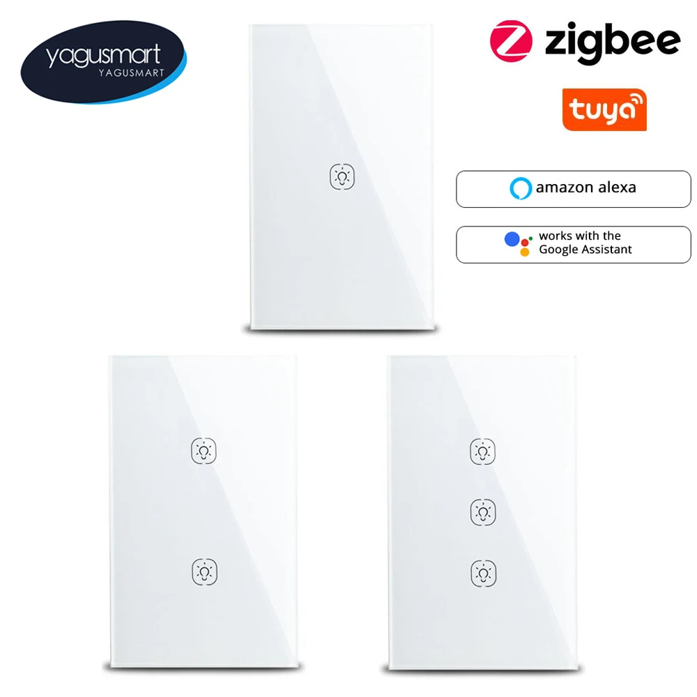 

Yagusmart Tuya ZigBee Smart Touch Light Switch 1 2 3 Gangs US Neutral Required Alexa Google Home APP Remote Control Wall Switch