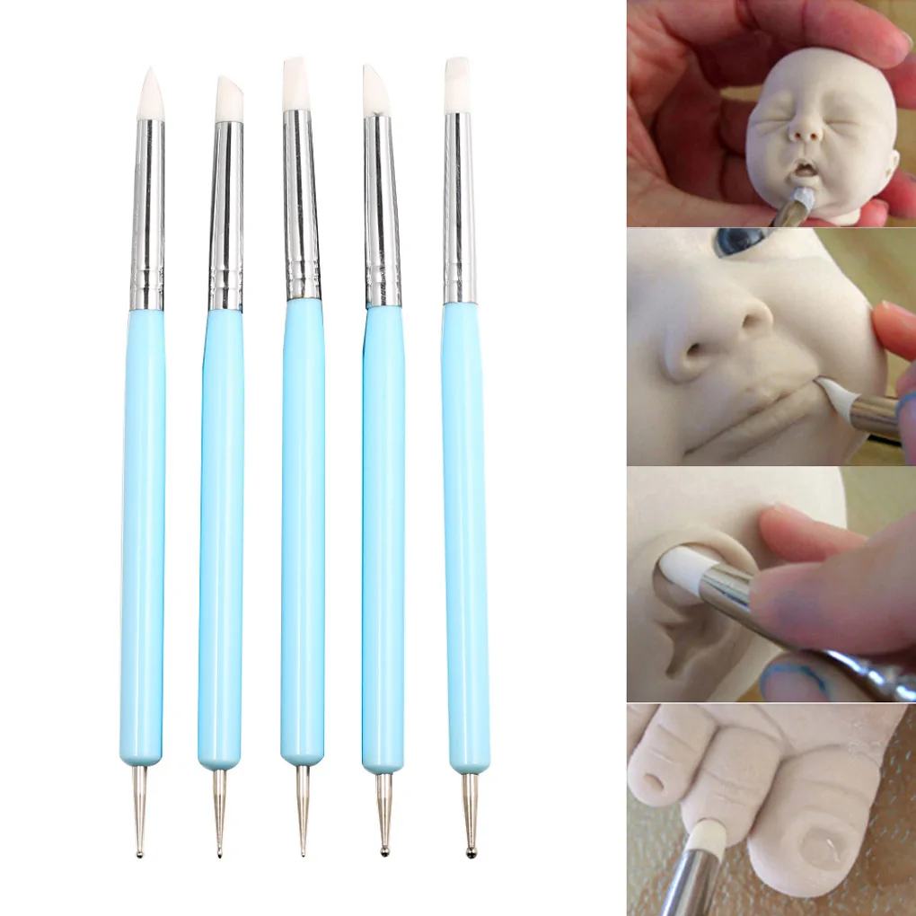 5pcs Soft Pottery Clay Tool Silicone   Stainless steel Two Head Sculpting Polymer Modelling Pottery Craft Art Silicone Brushes