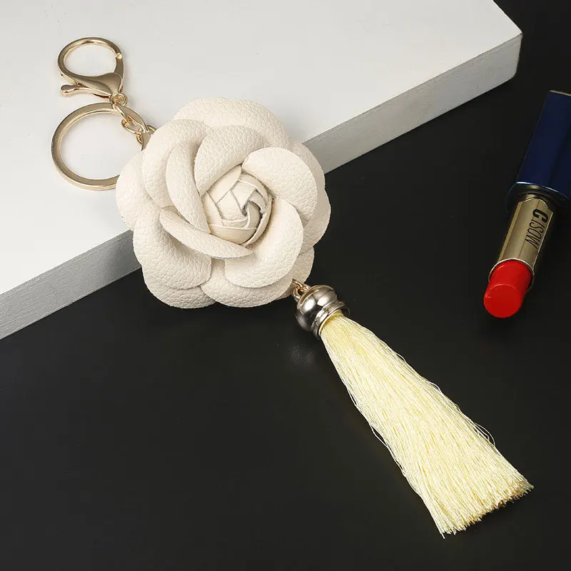 Leather Camellia Flower Female Keychain Bag Plush Car Key Ring Genuine Rose Flowers Long Tassel Style Key Chain