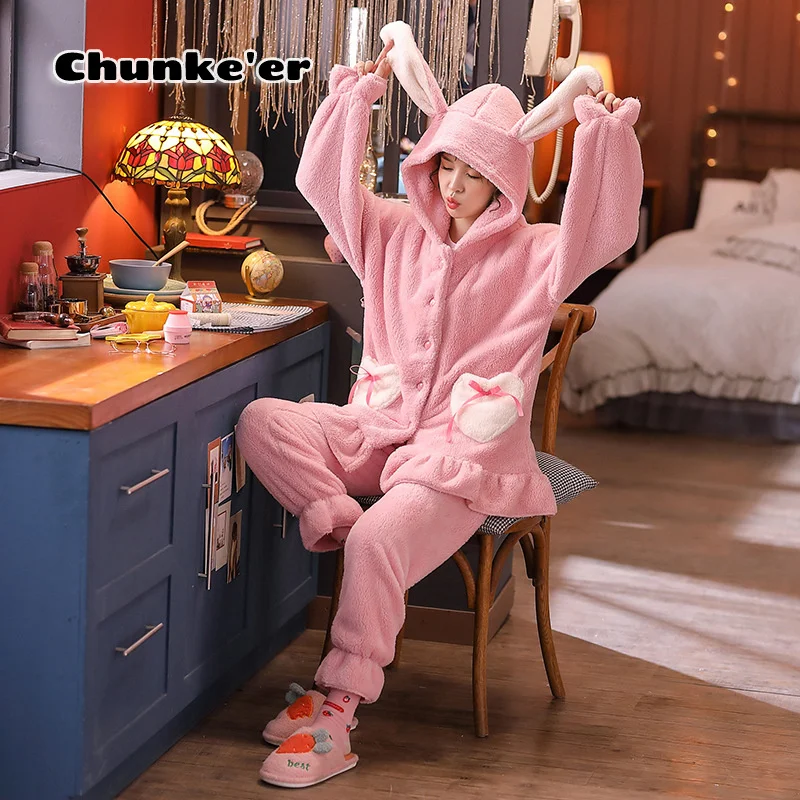 Autumn And Winter Sweet Princess Thickened Lovely Coral Velvet Pajamas Women's Long Sleeved Flannel Home Clothes Warm Suit