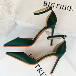 BIGTREE-Salto Alto Estilete de Seda para Mulheres, Bombas Sexy, Plus Size 43, Verde e Azul, Sapatos de Escritório, Moda