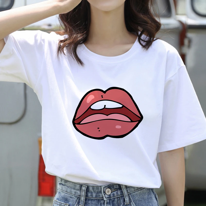 Women big red Lips t-shirt summer short sleeve Tshirt Women Kawaii Red lips Tumblr Harajuku   Aesthetic white Top Tees tshirt