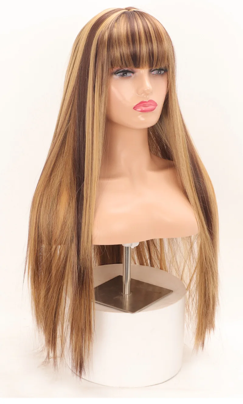 30 Zoll P4/27 Synthetische Perücke mit Pony, lange glatte Haarperücken für Damen, glatte, natürliche schwarze Perücken im Angebot, Piano-Farbperücke für Frauen – Detail 5