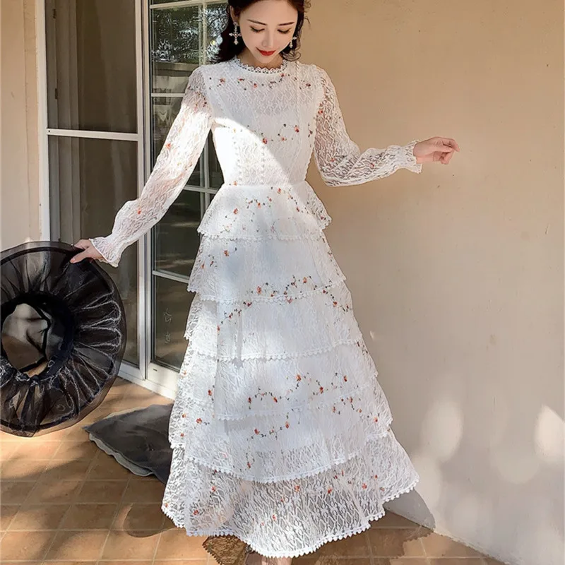 

Spring Women's New Pattern Lace Embroidery Pink Dresses Fashion Sweet Princess Cake Dress Medium Length Paragraph Dress Vestidos