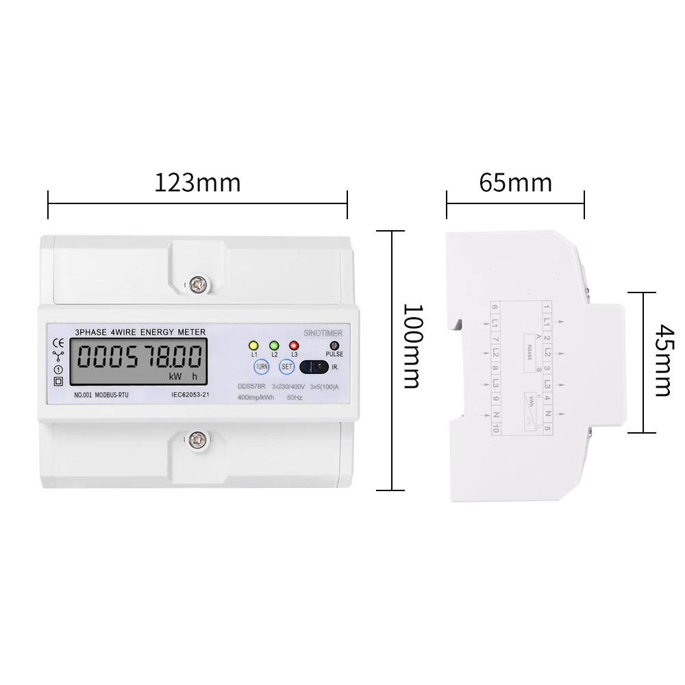 RS485 Modbus Rtu DIN Rail 3 Phase 4 Wire LCD Digital Wattmeter Electronic Power Consumption Energy Meter 5-100A 380V AC 50Hz