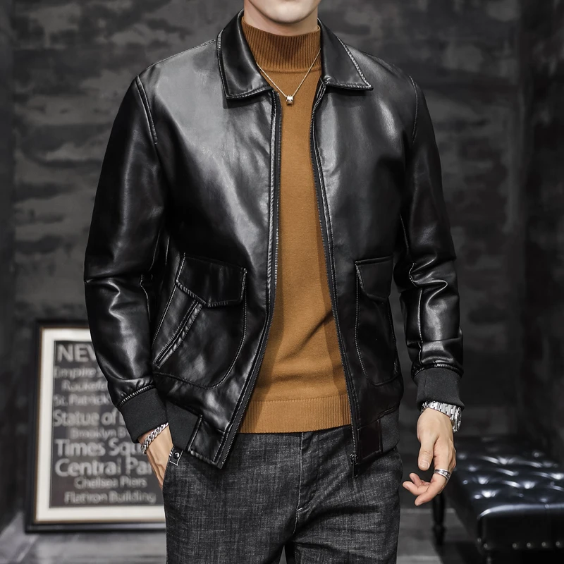 

Classic Vintage Turn Down Collar PU Leather Jackets Men Clothes 2020 Fashion Big Pockets Slim Fit Black Motorcycle Coats 4XL-M