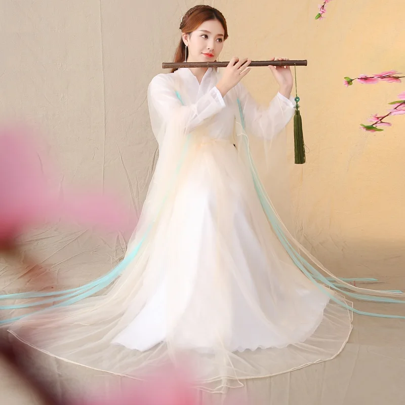 

D-0818 White Shallow Ancient Costume Improved Hanfu Fairy Women's Guzheng Dance Costume Elegant Chinese Classical Dance Dress