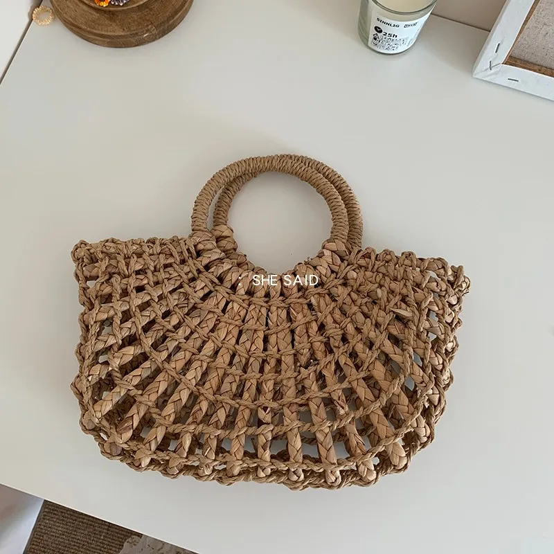 NEW Fashion Women Tote Bag Rattan Cotton Rope Hollow Straw Woven Summer Beach Bag Casual Handmade Female Shoulder Bags Sac