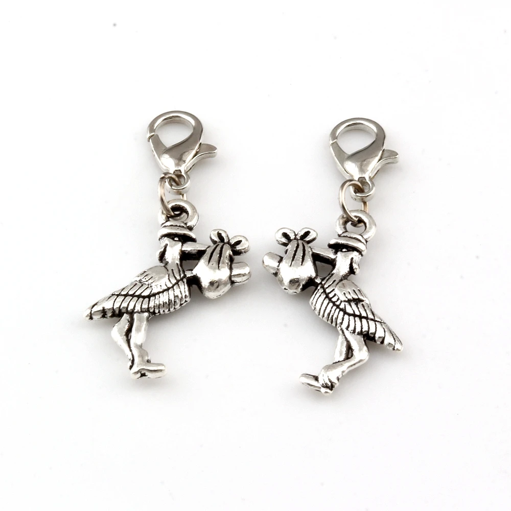 15Pcs  Alloy Stork New Baby Pregnant Expecting Floating Lobster Clasps Charm Pendants For Jewelry Making Findings 17x37mm