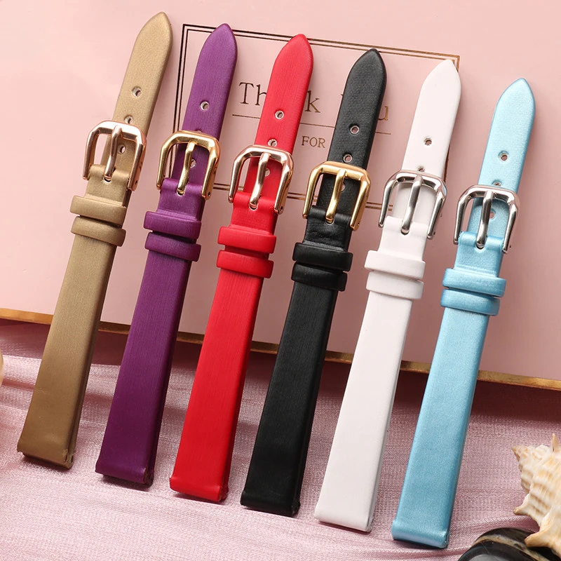 Quality Spun Silk + Genuine Leather Watchband 6mm 8mm 10mm 12mm 14mm For The Womens Wrist Watch Bracelet Red Black White Blue