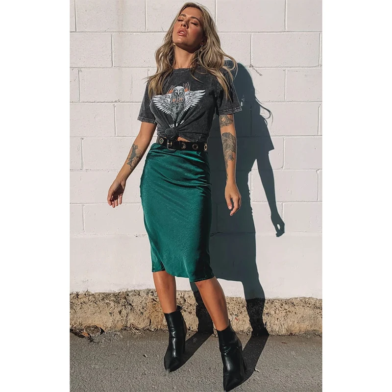 Women Elegant Skirt Ladies Glossy Satin Skirt Fashion Party Office Skirts Solid High Waist Skirts Emerald юбка с высокой талией