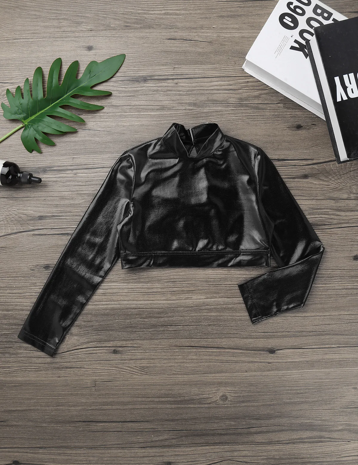 เด็กหญิง Dancewear Mock คอเต่า Crop Top METALLIC เงาแขนยาวเสื้อยืดเต้นรํา STAGE เครื่องแต่งกาย