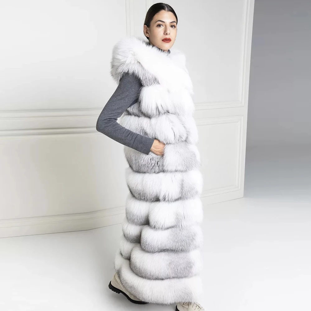 BFFUR Luxury Women Real Fox Fur Vest With Hood Winter Warm Overcoats Full Pelt Cross Fox Fur Jackets 130cm Long Natural Coats