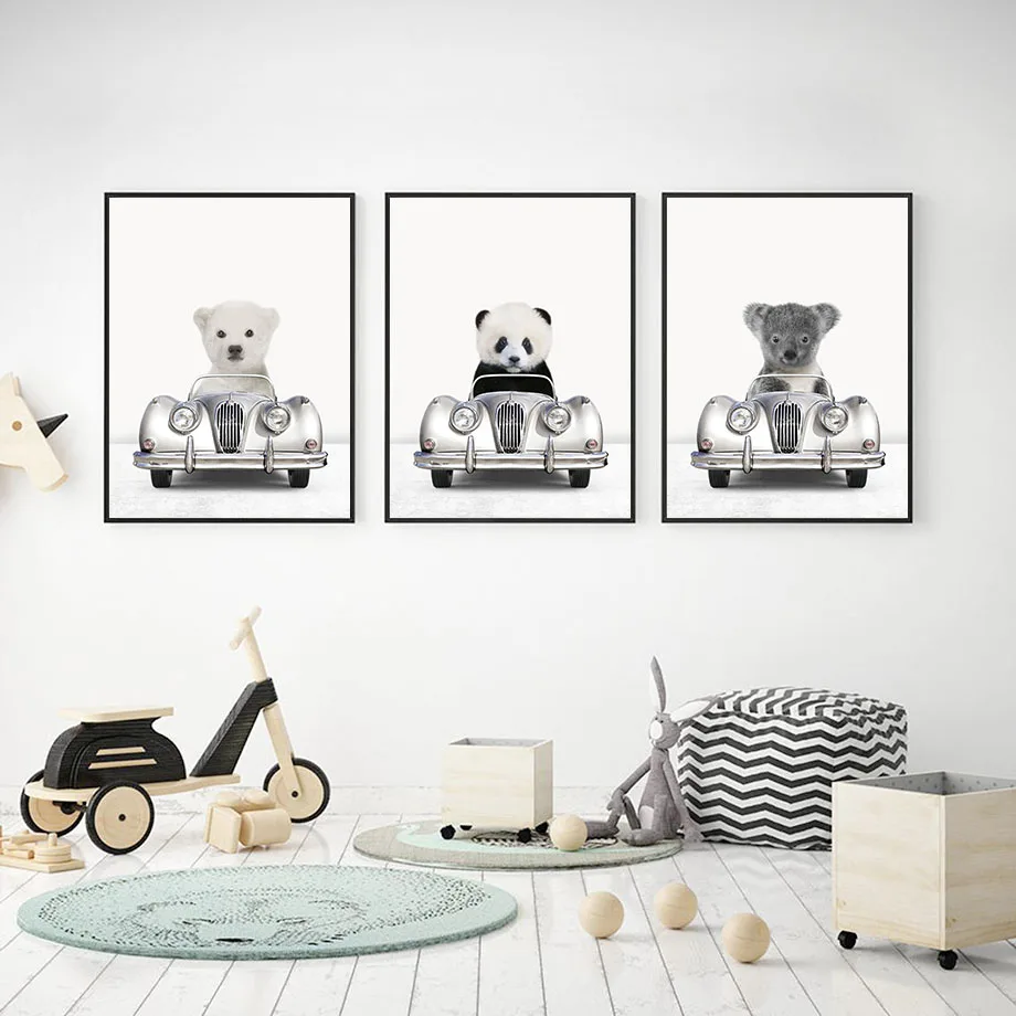 لطيف الحيوان الزرافة الفيل كوالا الباندا محرك سيارة الرسم على لوحات القماش الجدارية الحضانة المشارك الشمال طباعة للأطفال ديكور المنزل #3
