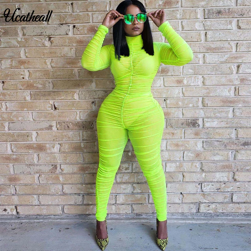 Women Sheer Mesh Bodysuit Ruched  Body Tops Transparent Long Sleeve Back ZipperJumpsuit Romper Ladies Playsuit Club Overalls