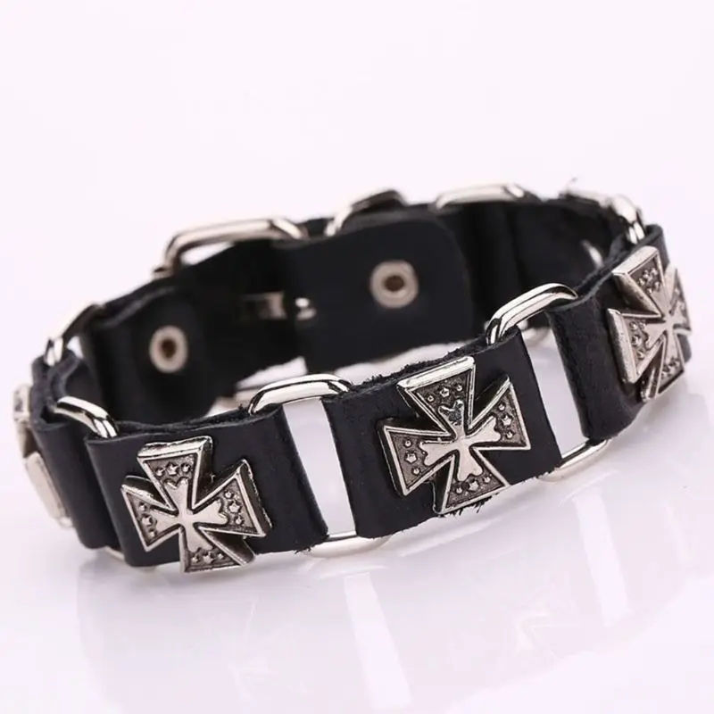 Men's Punk Adjustable Leather Strap Bracelet Metal Cross Cuff Bangle Wristband 2020 trend