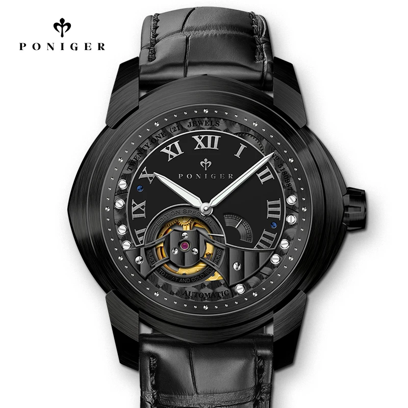 Switzerland Luxury Brand PONIGER Men's Watches Japan MIYOTA Automatic Mechanical Dual Dial Sapphire 50M Waterproof Clock P529