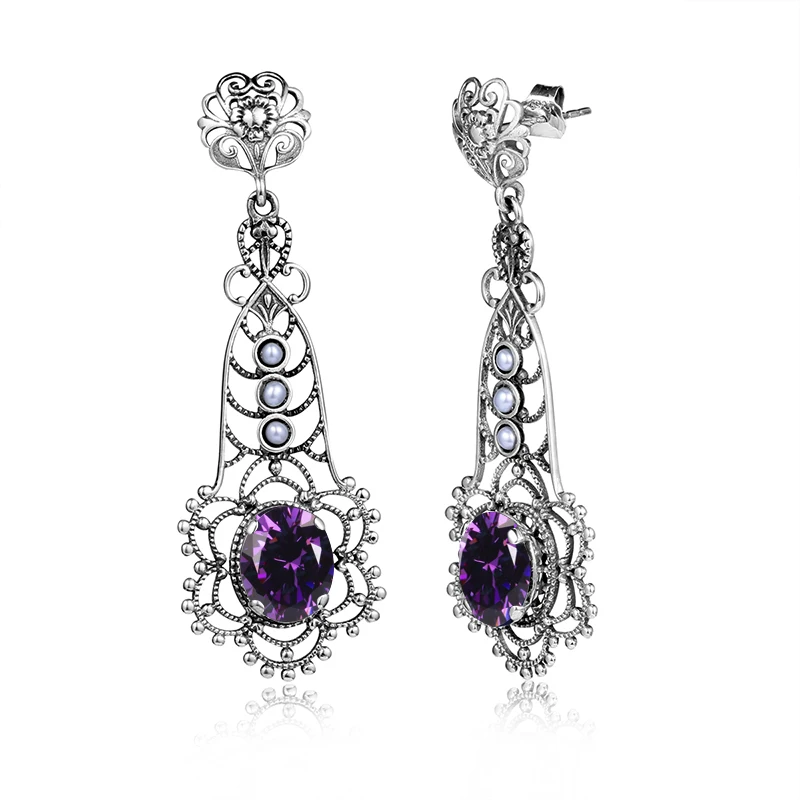 Real 925 Sterling Silver Earrings Women Classic Stylish Flower Drop Earring Oval Amethyst Gem Noble Royal Antique Silver Jewelry