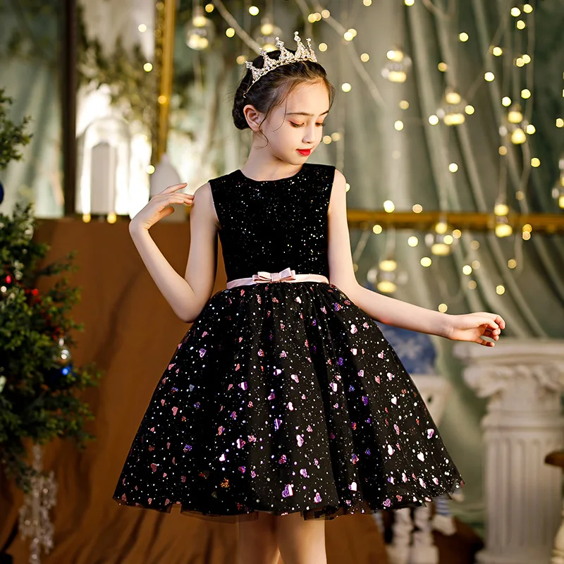 Crianças aniversário princesa baile de formatura festa vestido curto para meninas pétala lantejoulas vestido de dama de honra para o primeiro comunhão vestido da menina