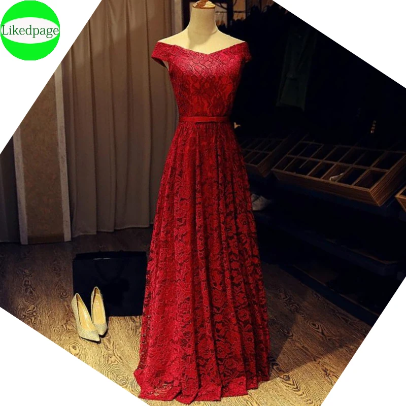 LỆCH VAI Buổi Tối Váy Hoa Văn Xanh Dương Đỏ Vintage Phối Ren Đảng Áo Choàng Áo De Soirée Mariage Một Dòng Vestidos Noite longo