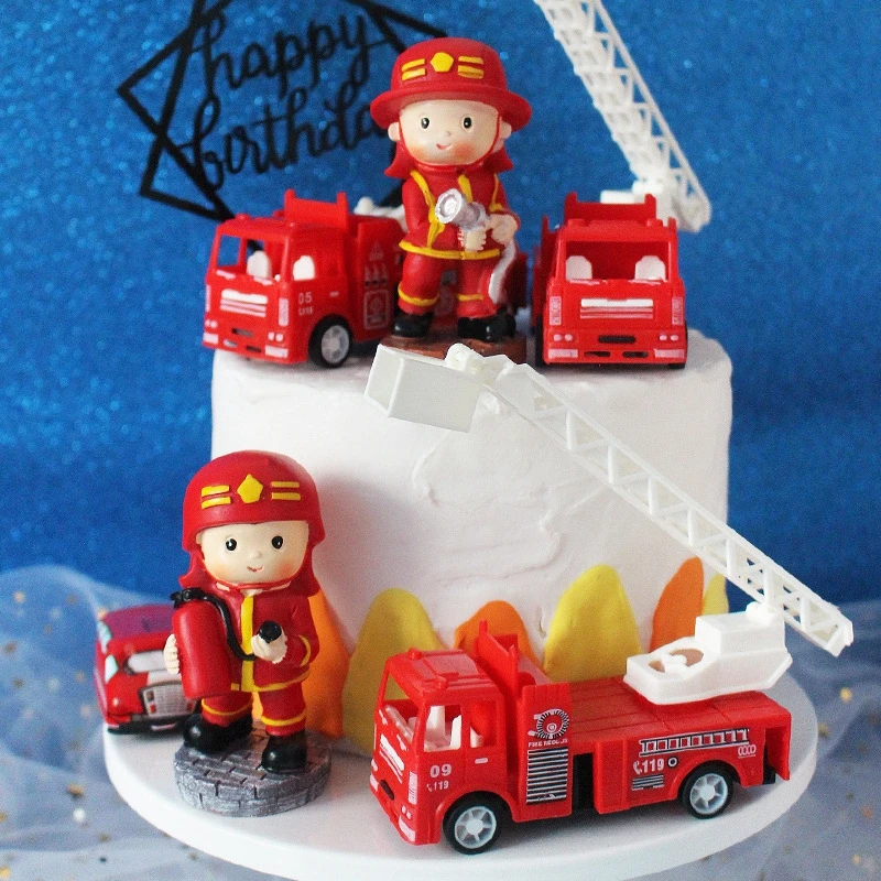 Fire Ladder Truck Water Tank Cake Topper Fireman kid 1st One Year Birthday Party Firefighter Hero Themed Birthday Boy Cake Decor